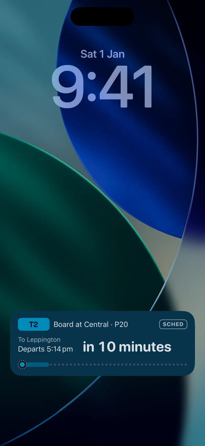 Platform on iPhone: a Live Activity on the Lock Screen counting down to boarding a T2 at Central