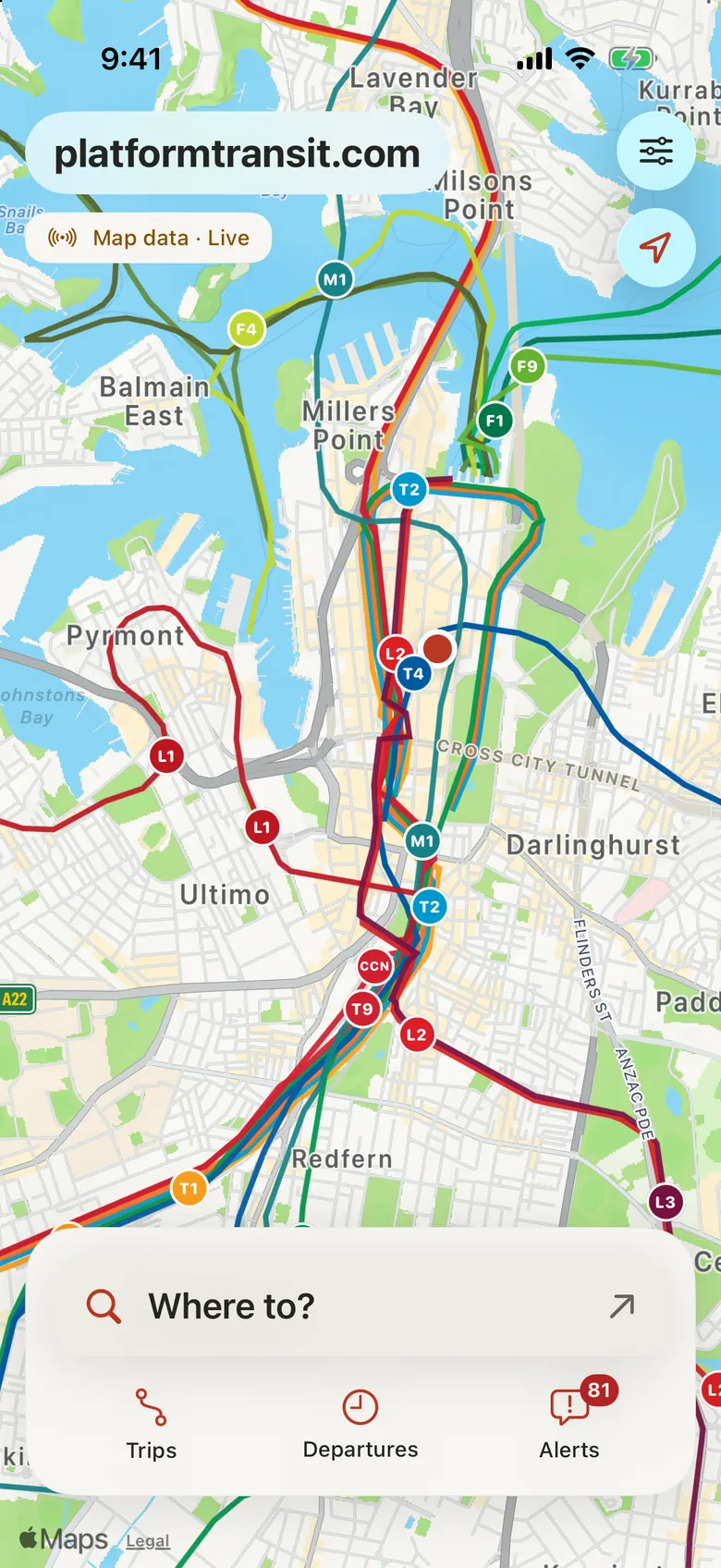 Platform on iPhone: the live map of Sydney with trains, metro, ferries and light rail