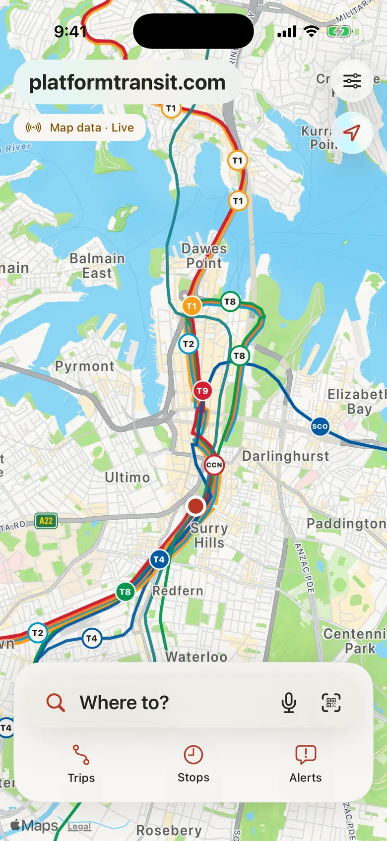 Platform on iPhone: the live map around the CBD and the harbour, with trains and metro on their lines