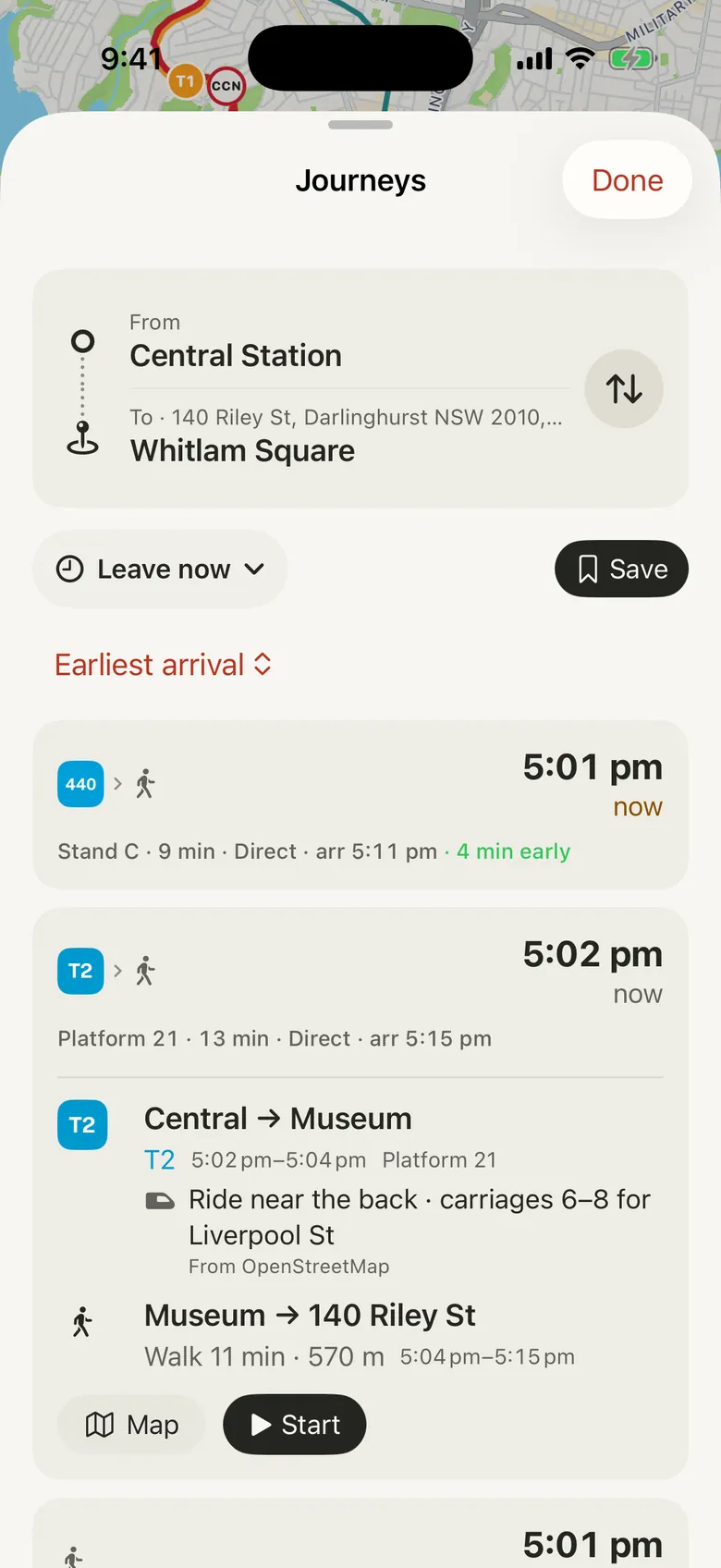Platform on iPhone: journey options from Central to Whitlam Square, with a best carriage tip from OpenStreetMap for the Liverpool St exit at Museum