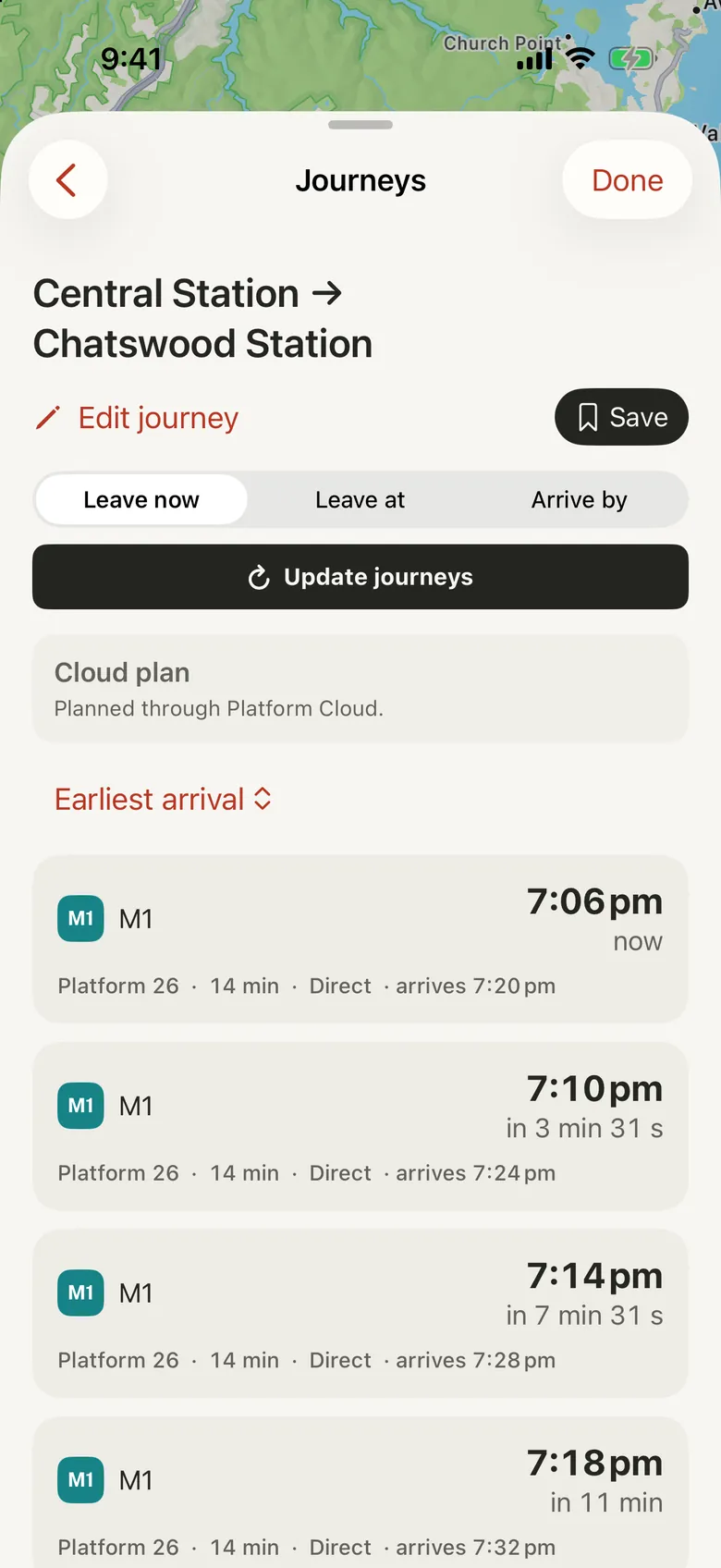 Platform on iPhone: journey options from Central to Chatswood with platforms and times