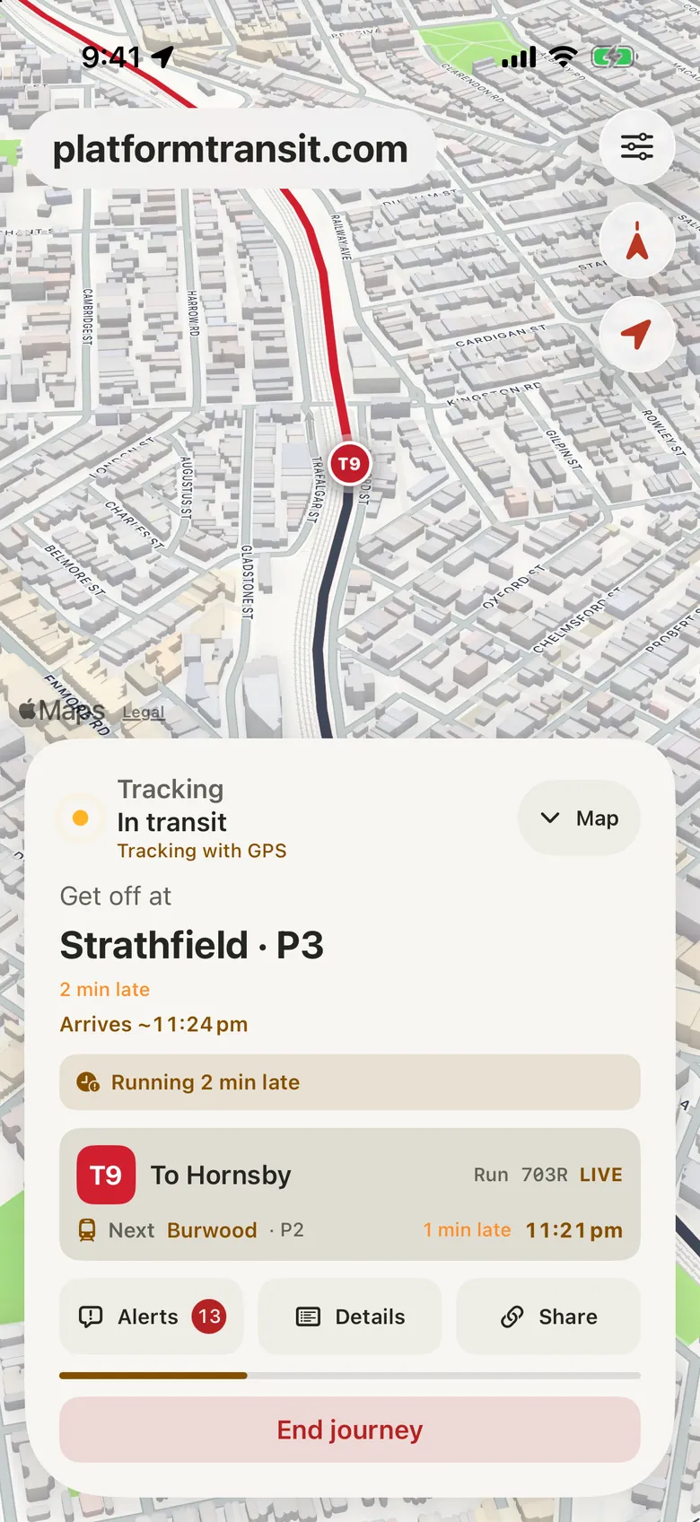 Platform on iPhone: an active journey with the next stop and change on the map