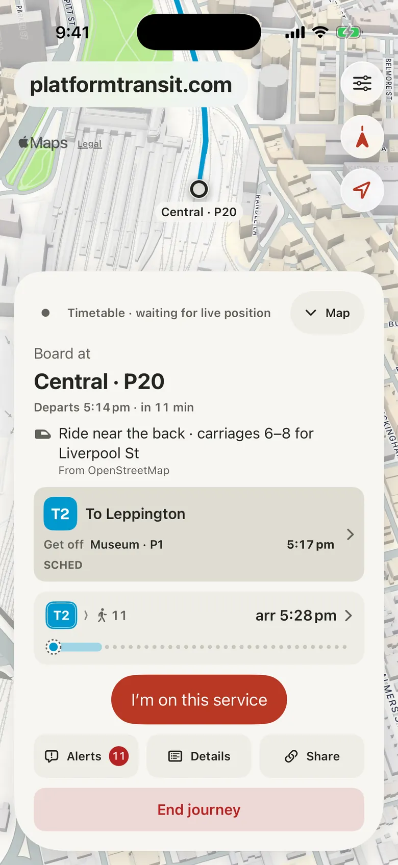 Platform on iPhone: waiting at Central platform 20 for a T2, with the departure time, a tip to ride near the back for the Liverpool St exit, and a Share button