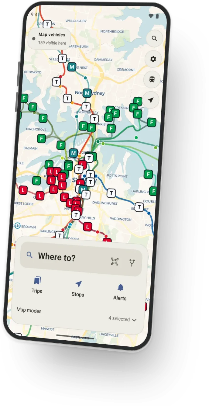 Platform on Android: the live map around the CBD and the harbour, with trains, metro, light rail and ferries