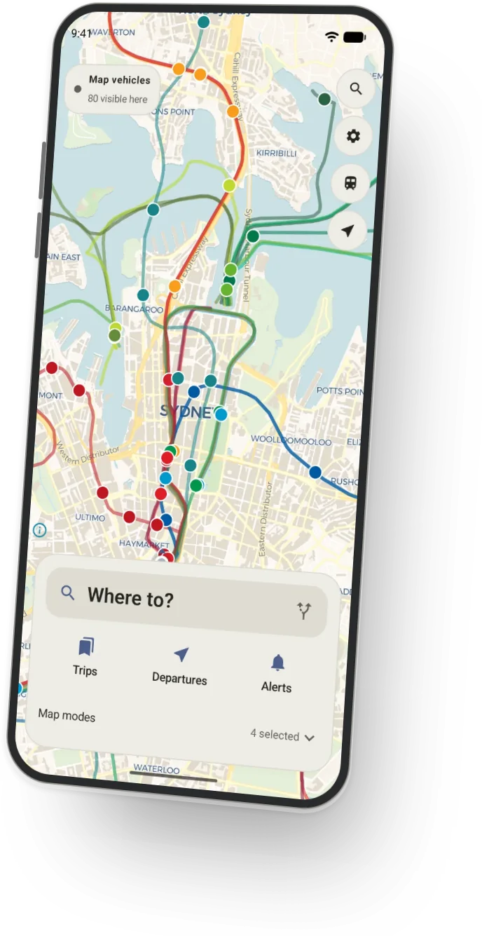 Platform on Android: the live map of Sydney with vehicles across the network