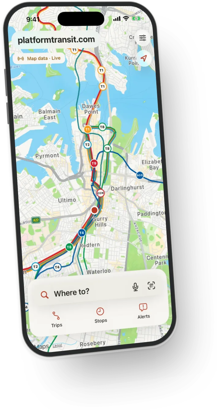 Platform on iPhone: the live map around the CBD and the harbour, with trains and metro on their lines