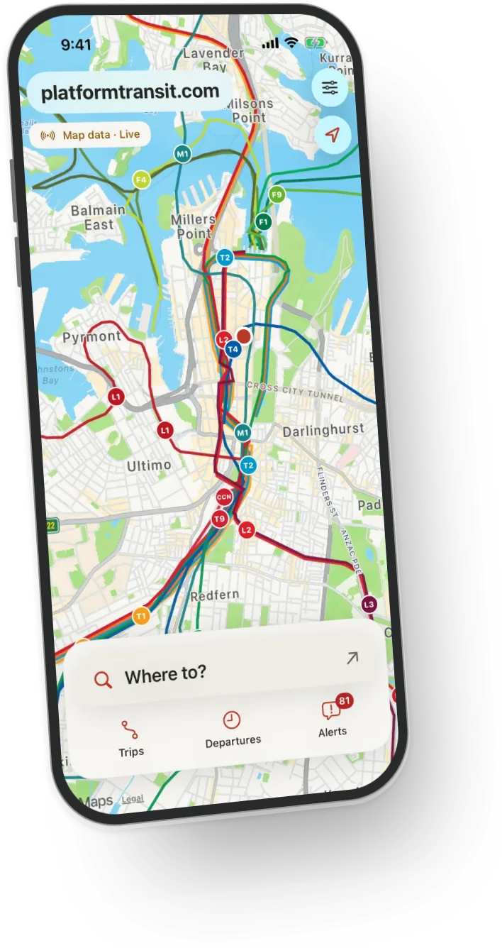 Platform on iPhone: the live map of Sydney with trains, metro, ferries and light rail