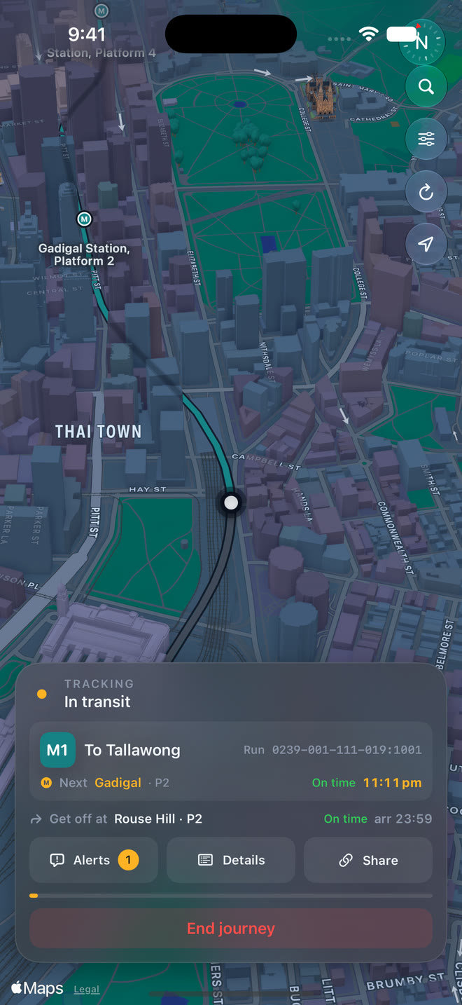 Active journey on the map showing the current service, next stop and trip progress
