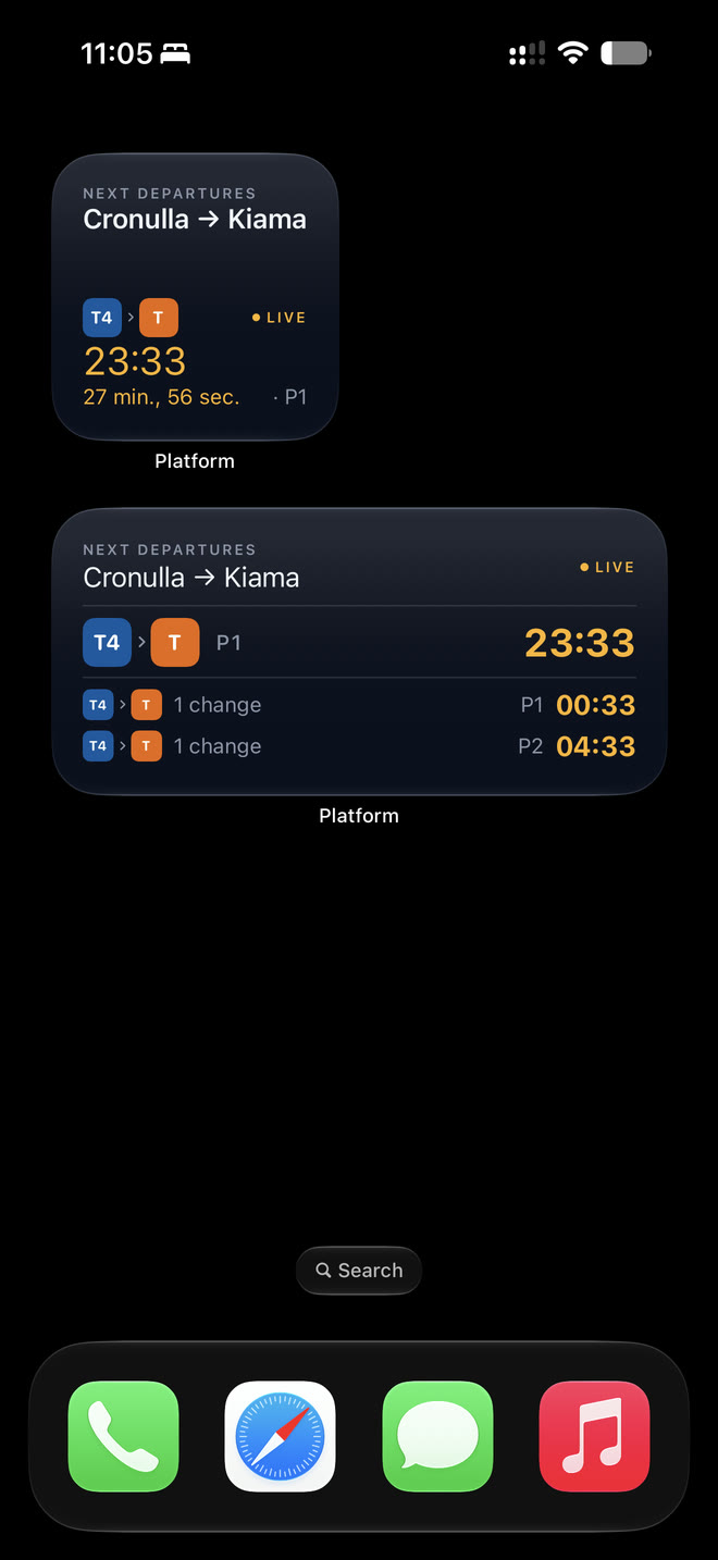 Home Screen widget showing upcoming departures for a saved trip