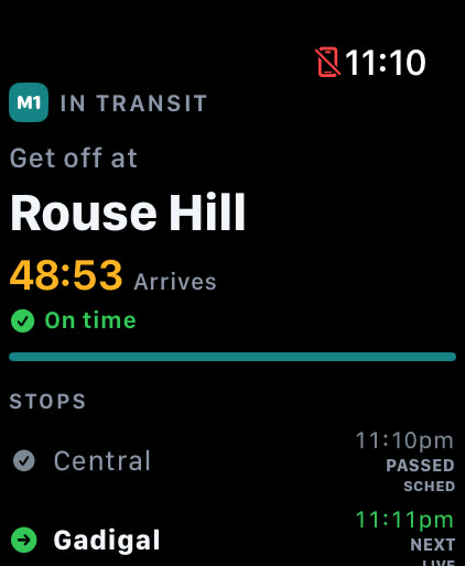 Apple Watch showing the next stop and when to board or get off