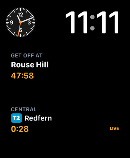 Apple Watch face with the Platform complication showing the next departure
